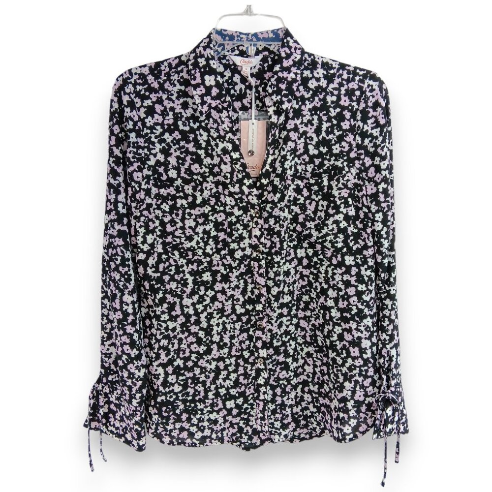 CANDIE'S-Women's Floral Button down-Top-MEDIUM-Black-White-Purple-Work-Casual - Picture 3 of 16